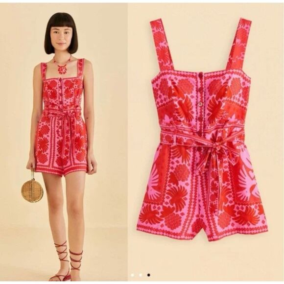 FARM Rio Pants - FARM Rio Red and Pink Floral Jumpsuit